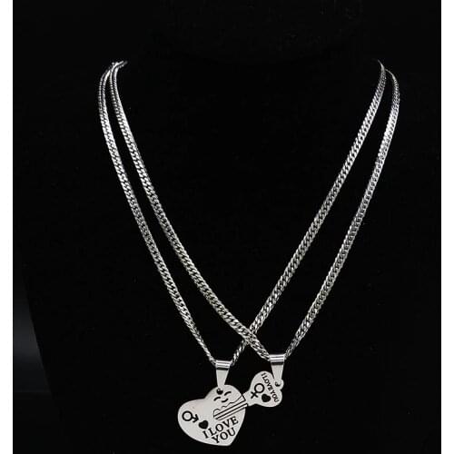 2pcs Fashion Couple Heart Key Stainless Steel Chain Necklace Women Silver Color Necklaces Pendants Jewelry colgante mujer N1858