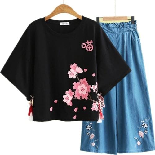 Casual Cotton T-Shirt Denim Pant Suits 2021 Summer Flower Print Top Tee+Wide Leg Pants Jean Pant Set 2 piece femme