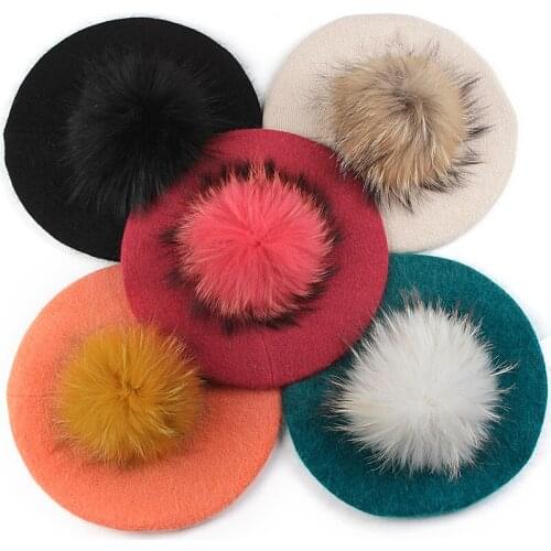 Fashion Beret Hat Solid Color Slouchy Winter French Style Bonnet Caps for Girls Women Lady Female Adult With Real Fur Pompom