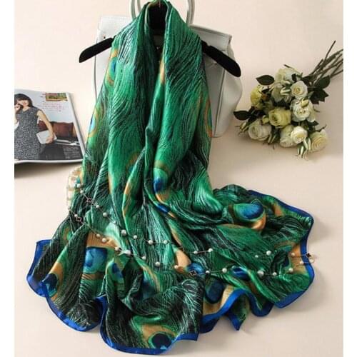 [Peacesky]New Fashion Designer Silk Scarfs Women Luxury Brand Print Peacock Feathers Silk Foulard Scarf
