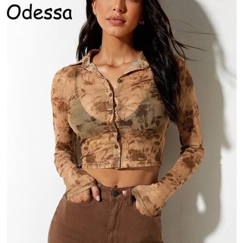 Odessa Sexy Women See Though Long Sleeve Crop Tops and Blouses 2021 Vintage Leaves Print Buttons Lapel Skinny Autumn Mesh Shirts