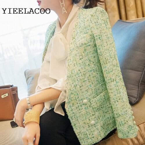Tweed jacket women light green spring / autumn / winter womens jacket V-neck long sleeve Business ladies one piece jacket coat