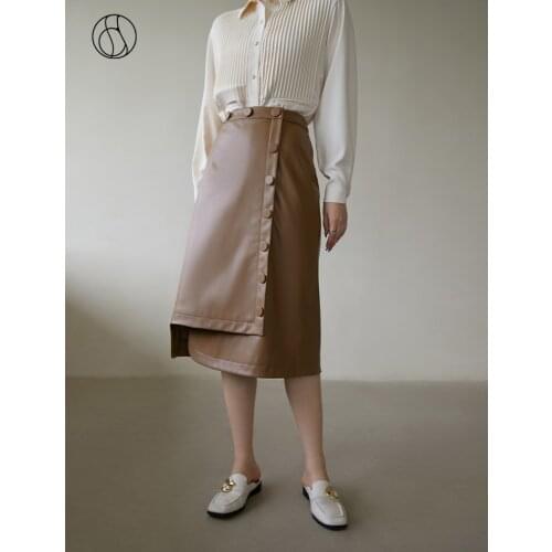 DUSHU Women Leather Skirts Buttons Design Irregular Skirt High Waist Casual Straight PU Leather Skirts Coffee Temperament Skirts