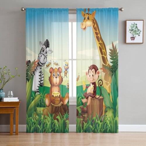 Cartoon Forest Animal Zebra Giraffe Tulle Curtain Voile Transparent Tulle for Bedroom Living Room Kitchen Sheer Window Curtains
