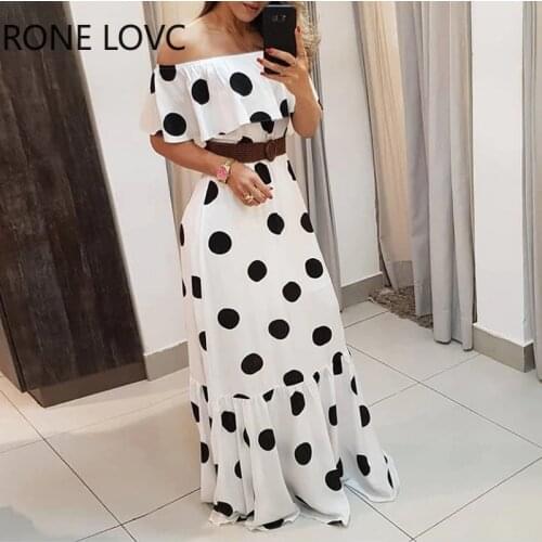 WomenOff Shoulder Polkadot Print Ruffles Maxi Dress Elegant Fashion Chic Party Dress