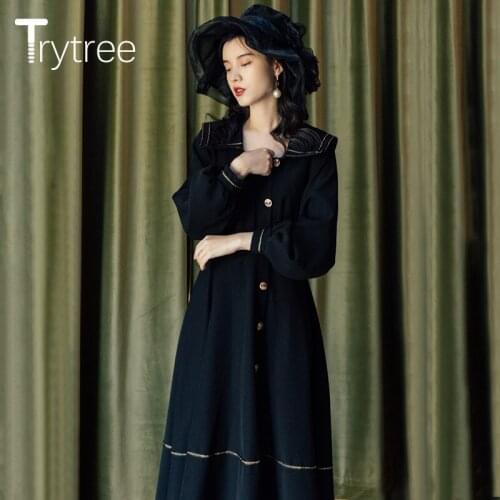 Trytree 2021 Spring Autumn Womens Dress Casual Vintage Elegant Sailor Collar Single Breasted Mid-Calf A-line Silky Black Dress