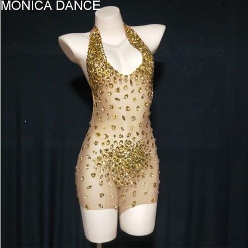 Women Sexy Stage Gold Pink Rhinestone Transparent Dress Dancer Prom Backless Halter Outfit Evening Birthday Celebrate Dress