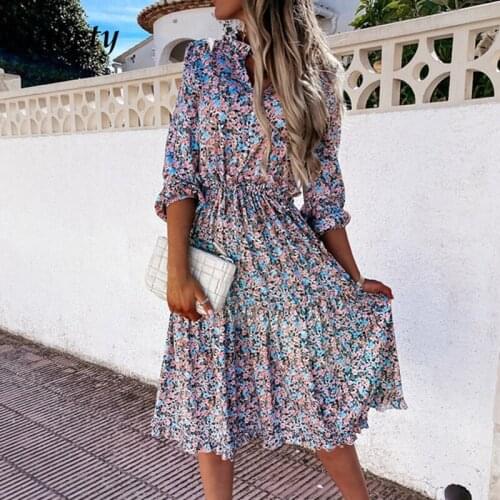 Vintage Floral Print Womens Elegant V-neck High-waist Lace-up Dress With Ruffles Summer Long-sleeved Casual Dress