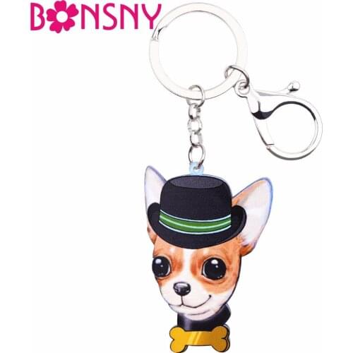 Bonsny Acrylic Dog Jewelry Cute Chihuahua Key Chain Key Ring Women Girl Handbag Pendant 2017 News Charm Car Key Accessories