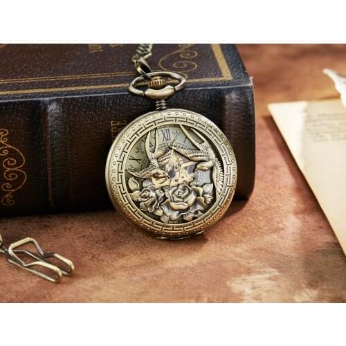 Phoenix Bird Retro Mechanical Pocket Watch with Chain Engraved Hand Winding Pendant Clock Men Bronze Flip Fob Watches