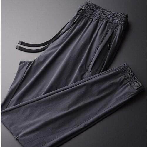 Classic Summer Thin Mens Pants Luxury Silky Fabric Slim Casual Ankle-length Pants Plus Size 4xl Elastic Waist Ankle-tied Pants