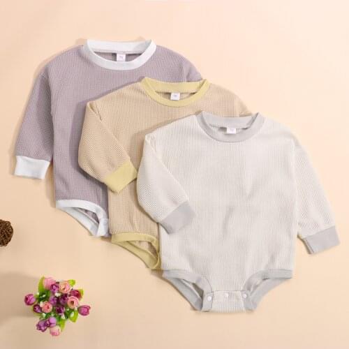 Cotton Casual Baby Autumn Long Sleeve Rompers Splicing Color O-Neck Ribbed Jumpsuit with Crotch Buttons for Toddlers Girls Boys