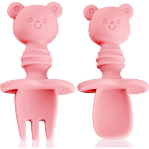 2PCS Baby Fork and Spoon Set Silicone Self Feeding Utensil Easy Grip Toddler Cutlery Kit BPA-Free Anti-Choke for Toddlers