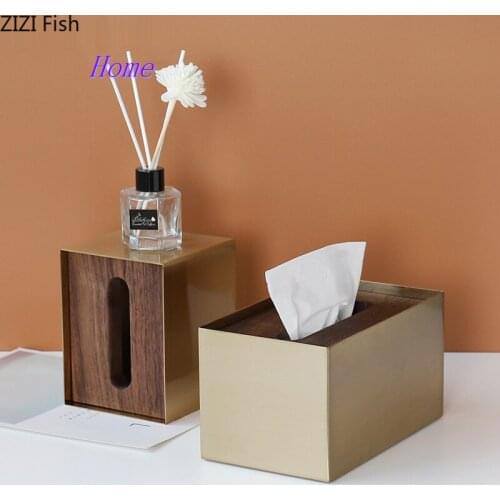 Creative Golden Metal Tissue Box Living Room Home Desktop Decoration Wooden Cover Seat Type Removable Tissue Box Home Decoration