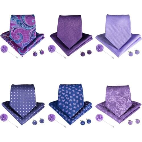 12 Styles Purple Mens Tie With Handkerchief Cufflinks Brooch Set 100% Silk Neck Ties For Men Wedding Party Business Gravatas