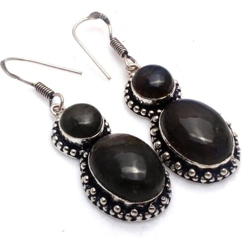 Genuine Labradorite Silver Overlay on Copper Earrings , Hand made Women Jewelry Gift, E5806