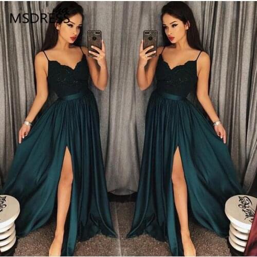 Latest Fashion Long Evening Gowns 2019 Spaghetti Straps V-Neckline Sleeveless Lace Bodice Prom Dresses With Split