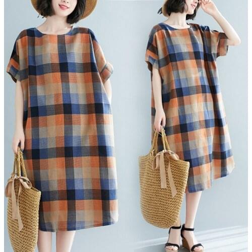 Plus size women 2021 summer new style cotton linen retro literature art plaid round neck short-sleeved mid-length dress s417