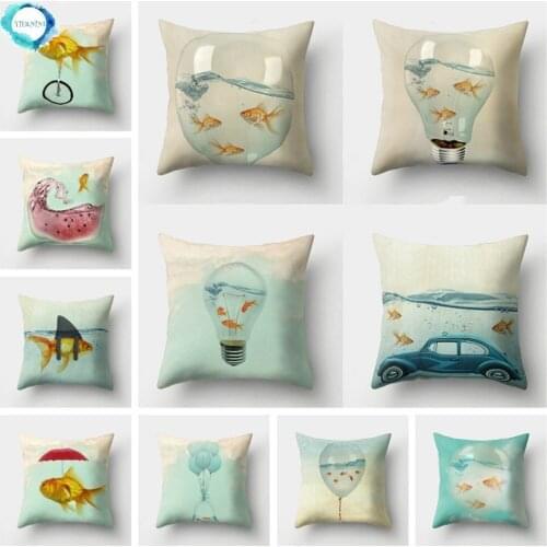 Cartoon Fish Decorative Cushion Cover Creative Goldfish In Glass Painting Polyester Throw Pillow Case Sofa Couch Pillow Cover