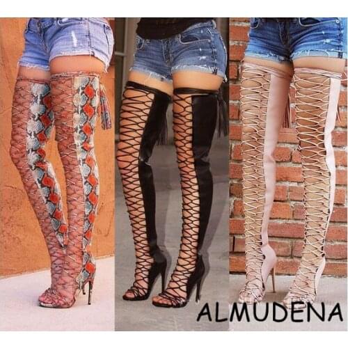 Fringer Cross Tied Lace Up Over-the-knee Boots Snakeskin Python Solid Peep Toe high Heel Sandal Boots