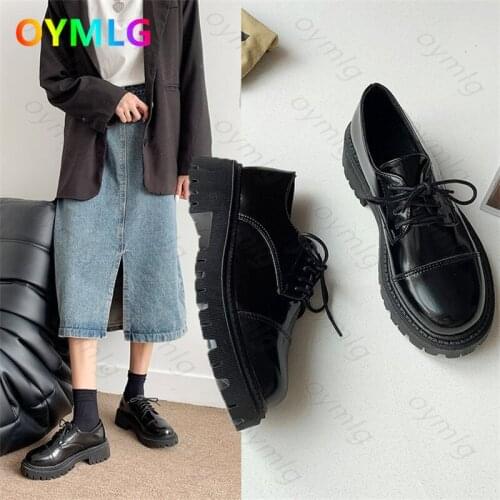2021 spring and autumn new thick bottom platform black leather shoes with round toe casual single shoes loafers