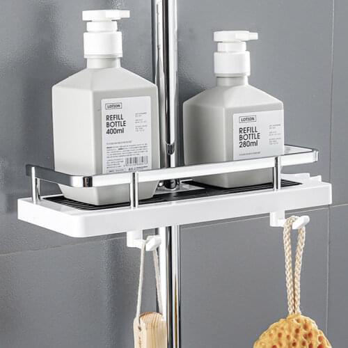 Bathroom Shower Storage Rack Organizer Pole Shelves Shampoo Tray Stand Wall Mount No Drilling Lifting Rod Shower Head Holder