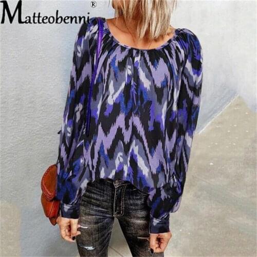 2021 Autumn New Women Ripple Gradient Vintage Printed Long-Sleeve T-Shirt Ladies Casual O Neck Loose Fashion Street Shirt Tops