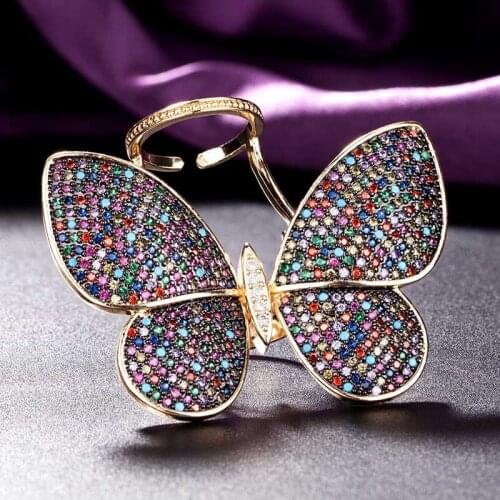 Zlxgirl womens very nice butterfly shape wedding rings bijoux high quality colorful cubic zircon copper finger rings party anel