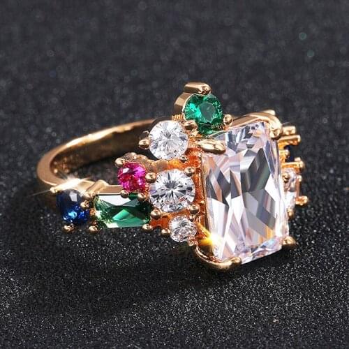 Rainbow Crystal Female Luxury Stone Ring Vintage Silver Color Wedding Rings For Women Trendy Bride Square Zircon Engagement Ring