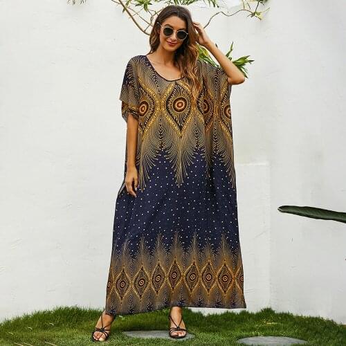 2021 Fashion Summer Abaya Dubai Dress Women Short Sleeve Retro Printing Vintage Dress Loose Oversized Plus Size Islamic Clothing