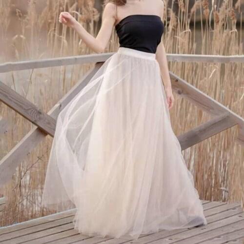 Retro Net Yarn Skirt Apricot Peach Dress Wedding Vestidos High Street Women Girl Cloth New High Waist Mopping Floor Length Gown