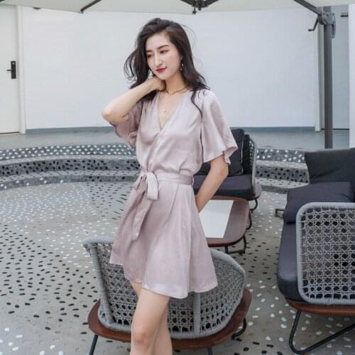 Womens Silk Sleepwear Summer Short-Sleeved Nightdress Solid Loose-Fit Nightgown V-Neck Sleeping Dress Nighties for Women Nighty