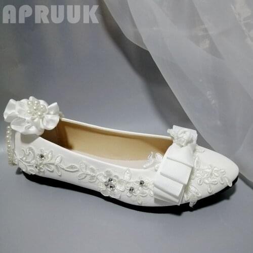 White lace flats shoes woman ankle beading strap flower girl plus size ladies party proms dress flats shoes dancing plus size