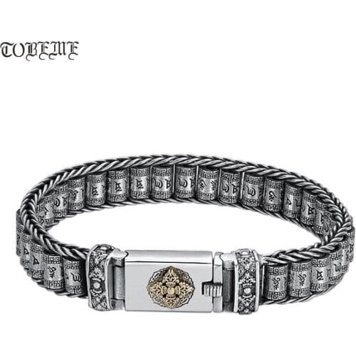 Handmade 925 Silver Tibetan Prayer-wheel Bracelet Tibetan Six Words Bracelet Vintage Sterling Silver Buddhist Vajra Bracelet