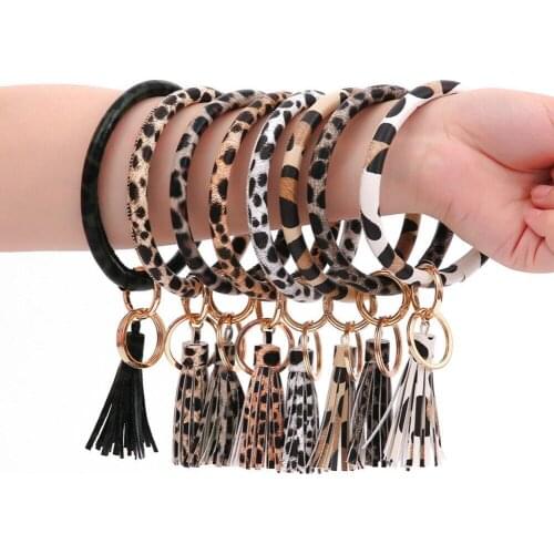 Leopard Print Keyring Bracelet Bangle Tassel Faux Leather Key Holder Chain Gift for women