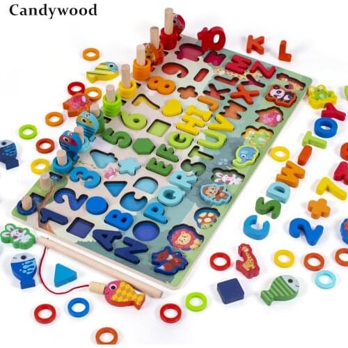 Montessori Wooden Toys Multifunction Math Geometric Fishing Counting Board Kids Montessori Early Educational Toys for Children