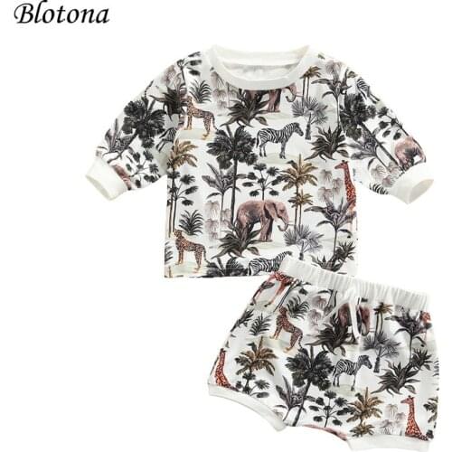 Blotona Baby Boys T-shirt and Shorts Spring Summer Set Fashion Forest Animal Long Sleeve Pullover Tops and Short Pants, 0-24M