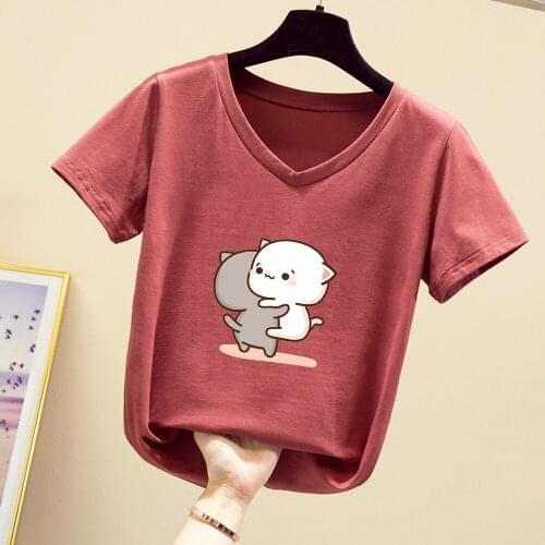 Kawaii Print T Shirt Women V Neck Short Sleeved Cute Cartoon Graphic T Shirts 90s Harajuku Ullzang Korean Style Top Tees Female