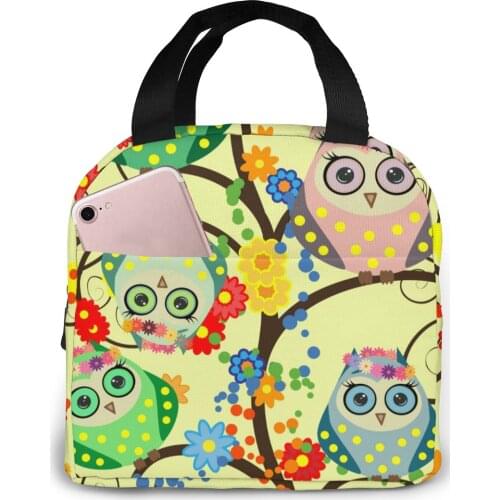 Insulated Lunch Bag Thermal Bright Cute Cartoon Owls Bags Cooler Picnic Food Lunch Box Bag For Kids Women Girls Men Children