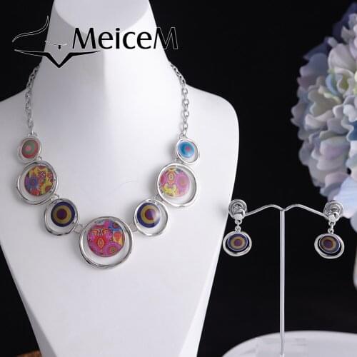 MeiceM 2021 Round Geometric Necklace Earing Jewellery Set Designer Jewelry Earrings Chain Necklace Sets for Women Wedding