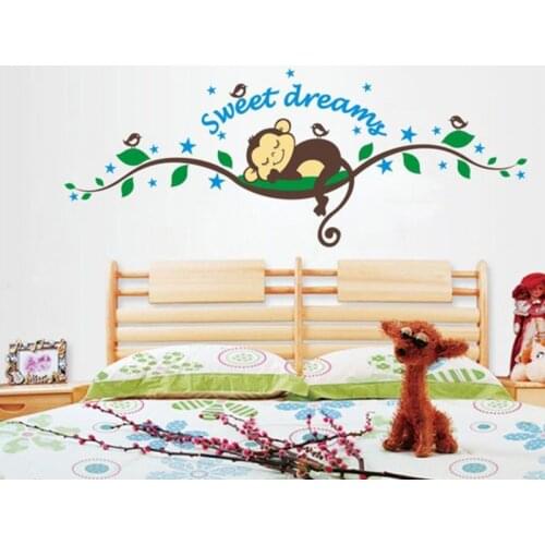 Sweet Dream Wall Sticker Cartoon Sleep Monkey Bird Tree Branch Wall Decals Home Decor Kids Children Room Nursery Decoration