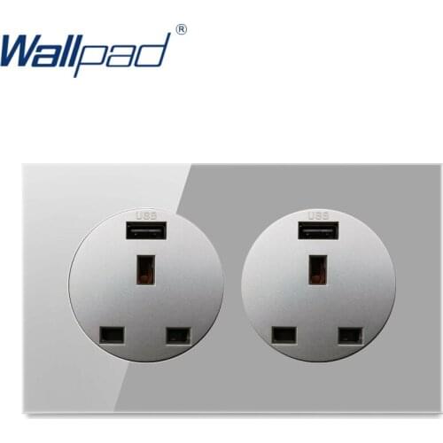 Wallpad 2 USB UK 3 Pin 13A Wall Power Socket Outlet Crystal Glass Panel Grounded With Child Protective Lock