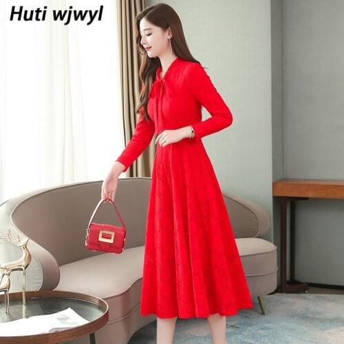 Autumn Winter Vintage Red Sexy Long Sleeve Dress 2021 Plus Size Solid Lace Boho Midi Dresses Elegant Women Bodycon Party Vestido