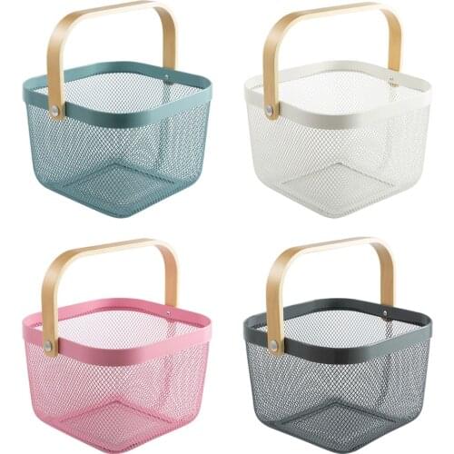 Portable Storage Basket with Wooden Handle Home Kitchen Table Setting Sundries Organizer