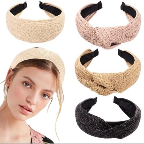 Straw Raffia Headband for Women Girls Simple Broad-brimmed Bow Headband Fashion Knotted Hairband