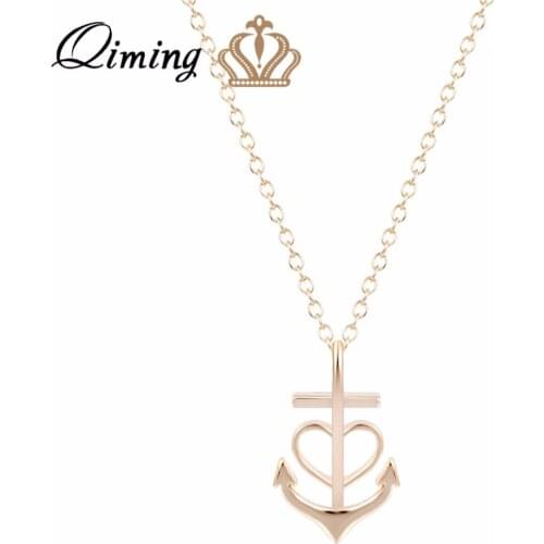 QIMING 10pcs/lot Women Pendant Necklace TINY HEART SHAPED ANCHOR CHARM NAUTICAL THEMED NECKLACE For Girl Gift Bijoux Femme
