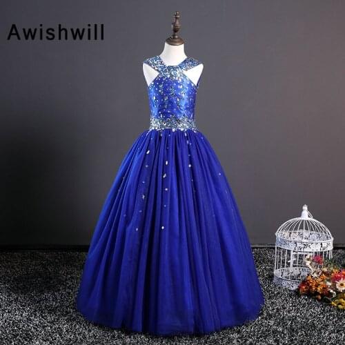 Real Pictures Sleeveless Beaded Tulle A Line Floor Length Communion Dresses Royal Blue Pageant Dresses for Girls