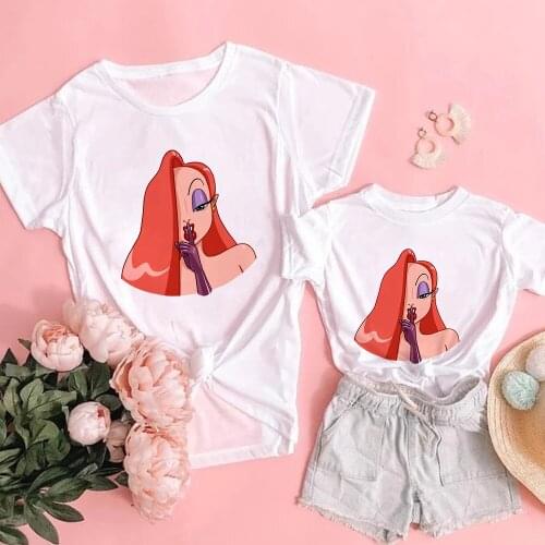Family Matching Outfits Mother Daughter Mommy And Me Clothes White T-Shirt Alice In Wonderland Sexy Alice Print Family Outfits
