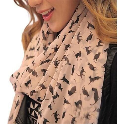 New Fashion Women Chiffon Colorful Printed Sweet Cartoon Cat Kitten Scarf Graffiti Style Shawl Girls Christmas Gift