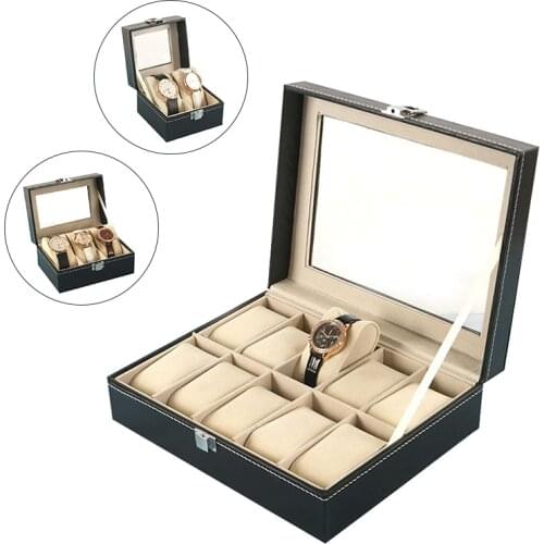 2/3/10/12 Slots Watch Storage Box Black Leather Organizer Mechanical Mens Watches Display Holder Cases Jewelry Gift Boxes Case